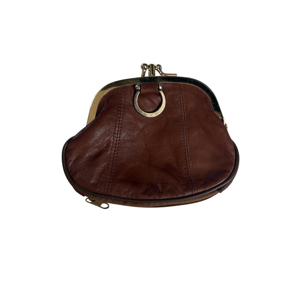 Leather Coin Wallet Womens One Size Brown Zip Around Kiss Lock Ring Purse